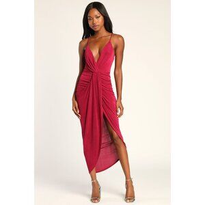 Lulus Dreamy Date Berry Surplice Midi Dress - Sz S - New